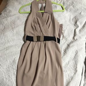 Max And Cleo Tan Pop Collar faux wrap dress